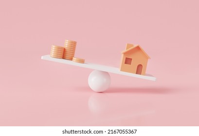 Home and coin on the seesaw.Economic and debt crisis affecting the price of houses.Real estate business, mortgage investment concept.home property investment.house mortgage.3D render illustration