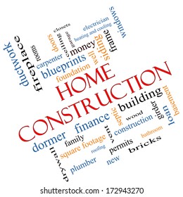 Home Construction Word Cloud Concept angled with great terms such as new, building, permits, money and more.