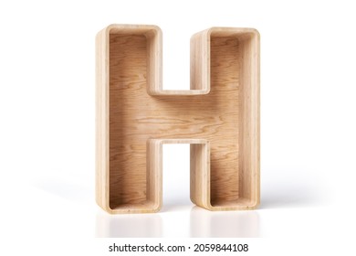 Home decor wooden shelving unit in the shape of letter H with empty spaces to display products such as books, vases or bio style items. High quality 3D rendering.