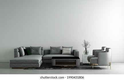 Home And Decoration Mock Up Furniture And Interior Design Of Minimal Living Room And White Wall Texture Background, 3d Rendering