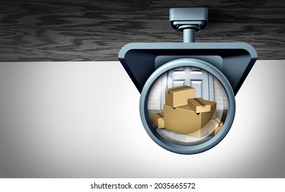 Home Delivery Security Concept And Package Robbery Or Online Shipping Theft Or Porch Pirate Thief Risk Of Packages From Being Stolen As A Camera Looking At A Front Door With 3D Illustration Elements.