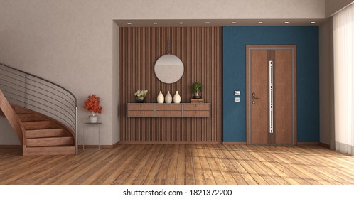 Home entrance with closed front door, wooden staircase and sideboard on wooden panel - 3d rendering