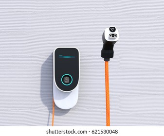 Home EV Charging Station On The Wall. Power Supply For Electric Car Charging. 3D Rendering Image.