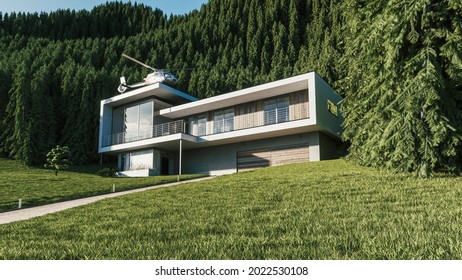 Home Exterior With Forest. Luxury House In Forest. Private Helicopter On The Roof Of House. Modern House In A Mountain Forest. 3d Illustration