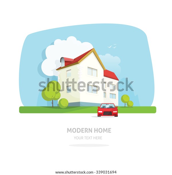 Home\
facade contemporary modern flat style. House traditional cottage\
illustration. Bright family home front view with trees, garden,\
sport car. Lovely home landscape card or\
postcard