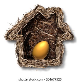 Home Finances And Residential Equity Symbol As A Bird Nest Shaped As A Family House With A Gold Egg As A Metaphor For Financial Security Planning And Investing In Real Estate For Retirement Freedom.