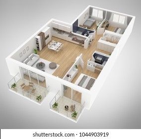 Home Floor Plan Top View 3D Illustration. Open Concept Living Apartment Layout