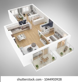 Home Floor Plan Top View 3D Illustration. Open Concept Living Apartment Layout