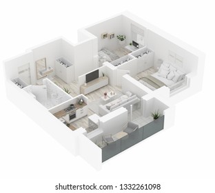 Home Floor Plan Top View. Apartment Interior
 Isolated On White Background. 3D Render - Illustration