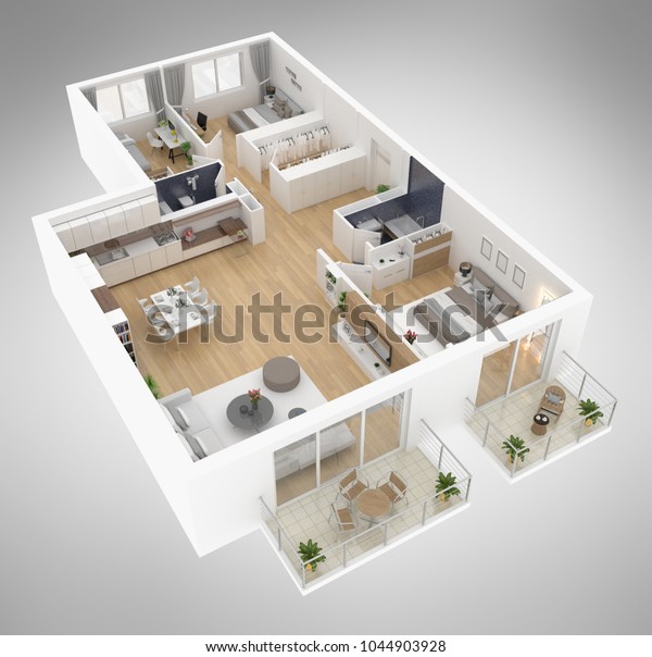 家庭平面図の平面図3dイラスト オープンコンセプトのリビングアパートのレイアウト のイラスト素材