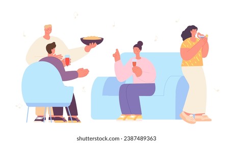 Home friends party with drinks and food. Happy teens or adults, young cartoon people drinking cocktails and talking. scene of friendship - Powered by Shutterstock