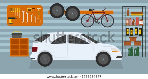 Home garage with car, bike and tools on the\
wall, flat interior illustration\
