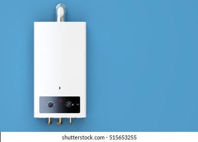 Home Gas Boiler, Water Heater. 3D Rendering Isolated On Blue Background