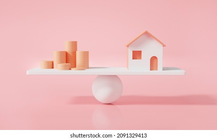 Home and golden coin on balancing scale on pink background. Real estate business mortgage investment and financial loan concept.  home property investment. house mortgage. 3D rendering illustration