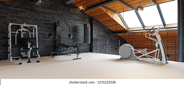 Home Gym Room In The Attic. 3d Rendering Design Concept