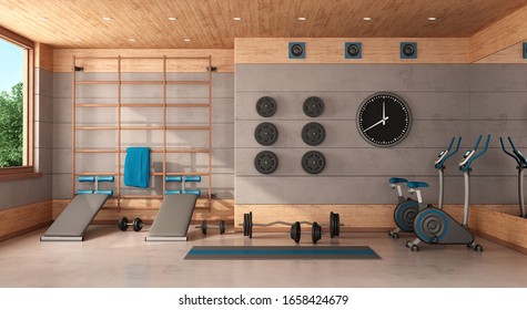 Home gym with swedish wall,bench,bicycle and weights - 3d rendering