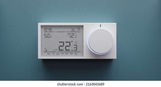 Home heating temperature control device Digital thermostat on blue wall background, close up front view, 3d render