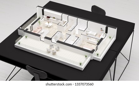 Home idea, interior layout on table. 
3D illustration