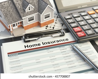 Home Insurance Form, House, Calculator And Binders, 3d Illustration