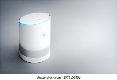 Home Intelligent Voice Activated Assistant. 3D Rendering Concept Of Hi Tech Futuristic Artificial Intelligence Speech Recognition Technology.