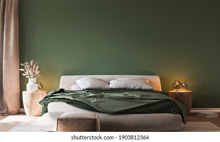 Home interior background, cozy green bedroom with white furniture natural wooden tables, modern style, 3d render, 3d illustration