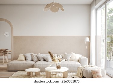 Home Interior In Boho Style, Living Room In Pastel Beige Colors, 3d Render