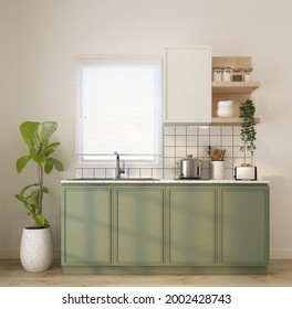 Home Interior Decorate Kitchen Counter With Green Door,kitchen Equitment,indoor Plant,whit Window,wood Cabinet,white Terrazzo And  White Wall 3d Rendering.