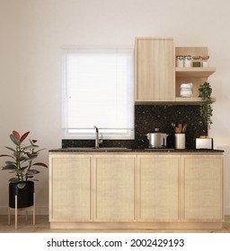 Home Interior Decorate Kitchen Counter With Rattan Door,kitchen Equitment,indoor Plant,whit Window,wood Cabinet,black Terrazzo And  White Wall 3d Rendering.