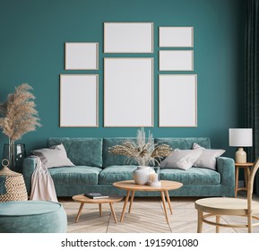 Home Interior Design With Green Sofa, Wooden Table And Trendy Decoration In Green Living Room, Gallery Wall, Frame Mock-up, 3d Render, 3d Illustration 