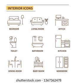 Home Interior Design Icons For Different Rooms. Line Style  Illustrations Set Isolated On White Background.
