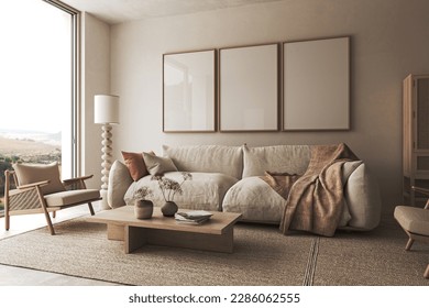 Home interior design in japanese style with large window, armchair and coffee table. Wall mockup in livingroom background. 3d rendering. High quality 3d illustration. 3D Illustration