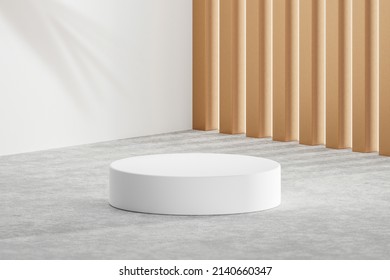 Home Interior Empty Minimal White Podium Background Scene Of Light Display Product 3d Platform Stage Or Blank Modern Showcase House Wall Stand And Abstract Sunlight Pedestal Studio On Summer Backdrop.