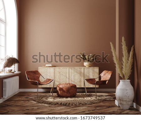 Home interior with ethnic boho decoration, living room in brown warm color, 3d render Stock photo © 