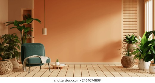 Home interior with an green armchair on empty orange wall background,Minimal room- 3D rendering - Powered by Shutterstock