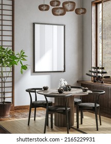 Home Interior In Japanese Style, Frame Mockup In Dining Room Background, 3d Render