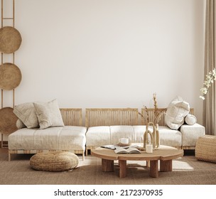 Home Interior In Japanese Style, Wall Mockup In Living Room Background, 3d Render