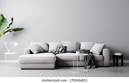 Home Interior, Luxury Modern Living Room Interior, Light Gray Empty Wall Mock Up With Sofa And Coffee Table, 3d Rendering