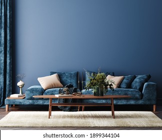 Home Interior Mock-up With Blue Sofa, Table And Decor In Living Room, 3d Render