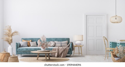 Home interior mock-up with blue sofa, wooden table and decor in white living room, panorama, 3d render, 3d illustration