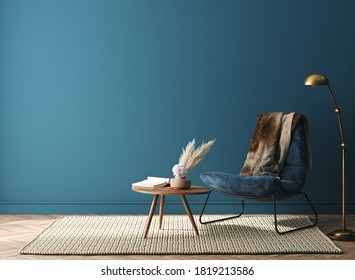 Home Interior Mock-up With Dark Green Armchair, Table And Decor In Living Room, 3d Render