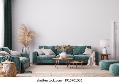 Home Interior Mock-up With Green Sofa, Wooden Table And Trendy Decoration In White Bright Living Room, 3d Render, 3d Illustration 