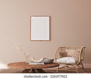 Home Interior Mockup, Living Room In Cozy Warm Colors With Rattan Wooden Furniture, 3d Render, 3d Illustration