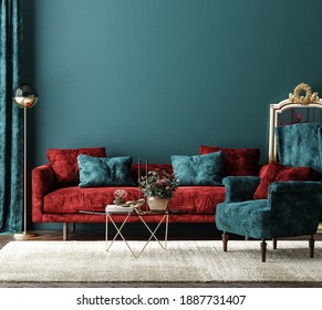 Home Interior Mock-up With Red Sofa, Table And Decor In Green Living Room, 3d Render