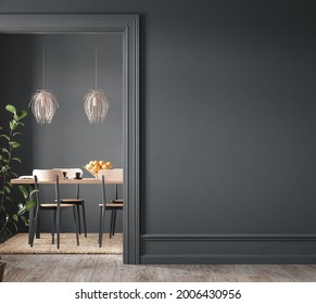 Home Interior, Modern Dark Dining Room Interior, Black Empty Wall Mock Up, 3d Render