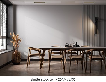 Home Interior, Modern Dark Dining Room Interior, Gray Empty Wall Mock Up, 3d Render