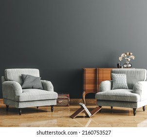 Home Interior, Modern Dark Living Room Interior, Empty Wall Mock Up, 3d Render