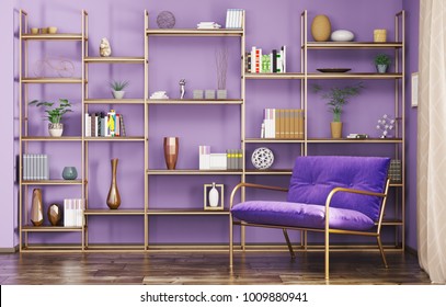 Home Interior Of Modern Living Room With Armchair And Bookshelf 3d Rendering