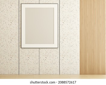 Home Interior, Modern Living Room Interior, Wooden And Terrazzo Wall And Canvas Frame Mock Up, 3d Render 