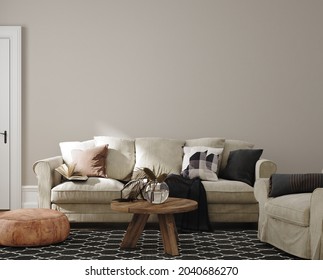 Home Interior In Neutral Colors, Living Room With Sofa, Armchair And Dry Flower On Table, 3d Render