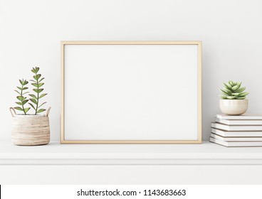 Home interior poster mock up with horizontal metal frame, succulents in basket and pile of books on white wall background. 3D rendering.